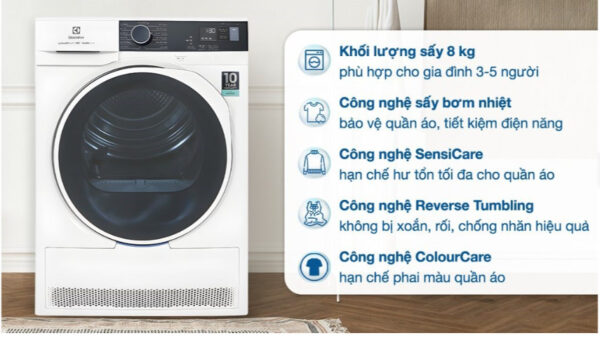 Máy sấy bơm nhiệt Electrolux UltimateCare 8 kg EDH804H5WB
