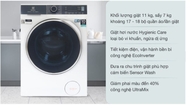 Máy giặt sấy Electrolux Inverter giặt 11 kg - sấy 7 kg EWW1142Q7WB