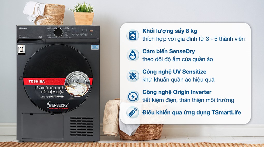 Máy sấy bơm nhiệt Toshiba 8 kg TD-T21B90HWV(MG)